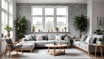 Fototapeta premium Scandinavian living room interior design zoom background,Doodle patterned wallpaper graphics
