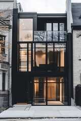 A city row house with a minimalist facade, black metal accents, and a glass balcony, located in a chic urban neighborhood.