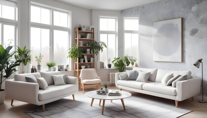 Scandinavian living room interior design zoom background,Doodle patterned wallpaper graphics