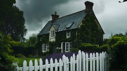 A classic English country house with ivy-covered walls, a small lavender field in front, and a white picket fence under an overcast sky.
