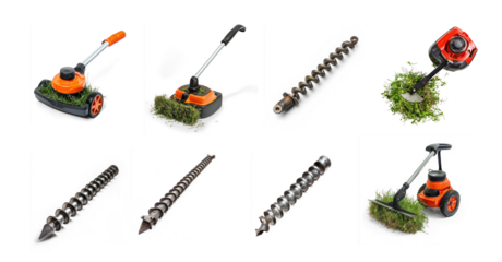 Collection of Rotary cutter with spinning blades for grass and brush and Grain auger isolated on transparent background