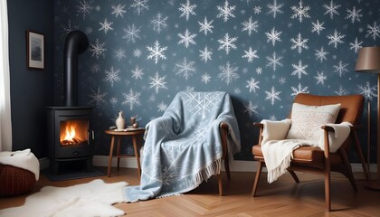 Scandinavian living room interior design zoom background,Doodle patterned wallpaper graphics
