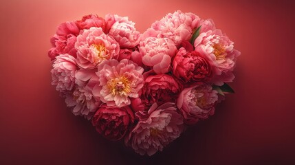 A heart shape made of pink peonies, arranged symmetrically. The background is an even brighter, vibrant shade of red. The flowers are lush and detailed, with soft, velvety petals. 