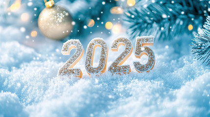 New year number "2025" on snow, a winter background with copy space for text. New Year concept