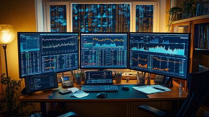 Strategic Financial Planning: Top View of Advisor's Desk with Charts, Graphs, and Stock Market Data on Multiple Screens