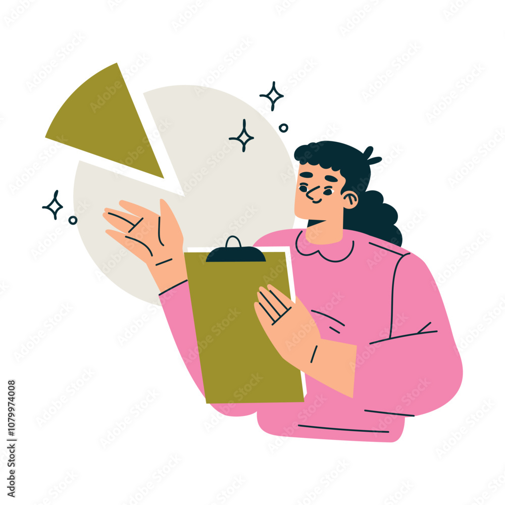Poster productive workflow with woman with pie chart and clipboard managing task vector illustration
