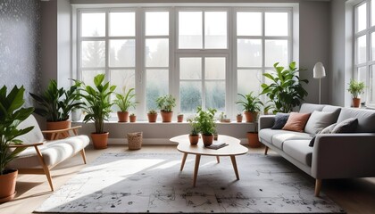 Scandinavian living room interior design zoom background,Doodle patterned wallpaper graphics