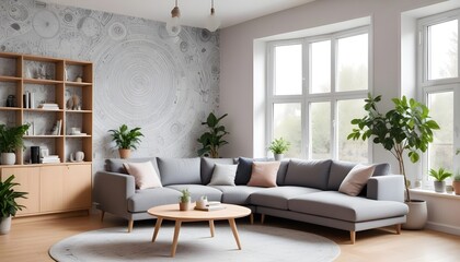 Fototapeta premium Scandinavian living room interior design zoom background,Doodle patterned wallpaper graphics