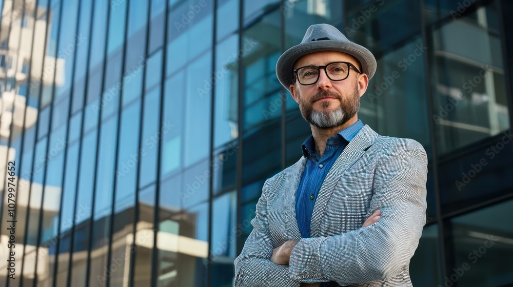 Poster a professional portrait of an architect standing confidently in front of a striking building they've