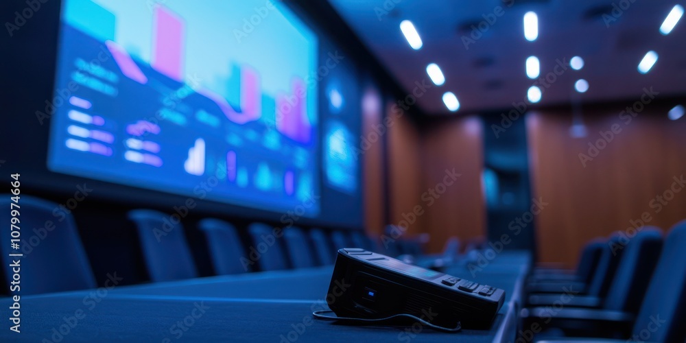Poster a projector set up for a presentation in a conference room, with a screen displaying a business stra