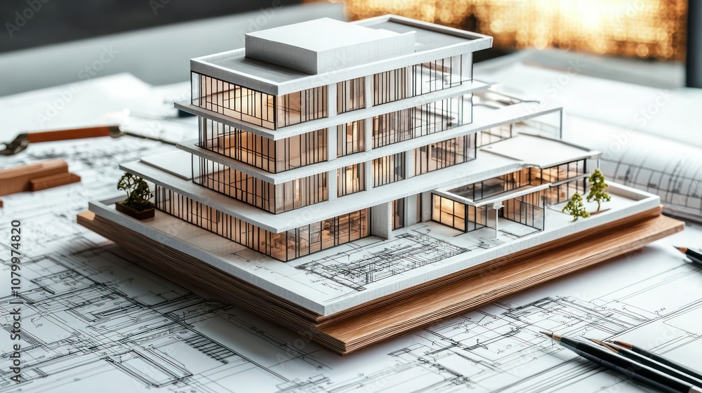 Poster a scale model of a modern building on an architect's desk, surrounded by design tools and blueprints