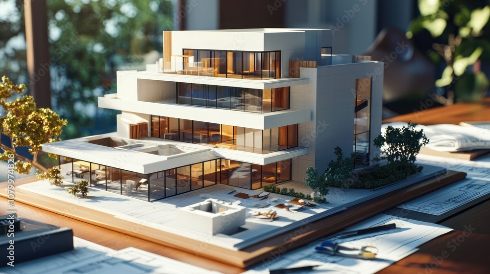 Poster a scale model of a modern building on an architect's desk, surrounded by design tools and blueprints