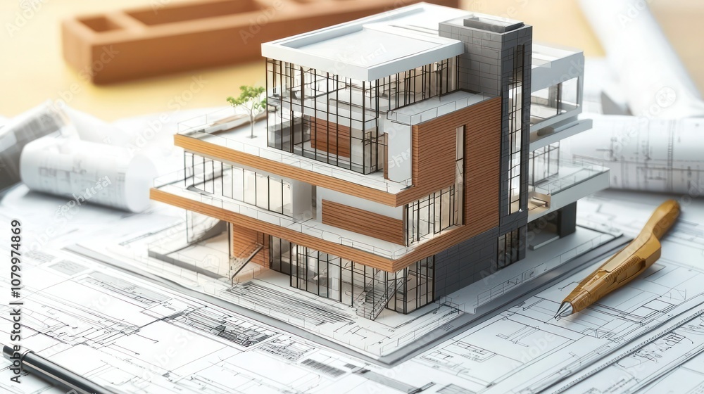 Poster a scale model of a modern building on an architect's desk, surrounded by design tools and blueprints