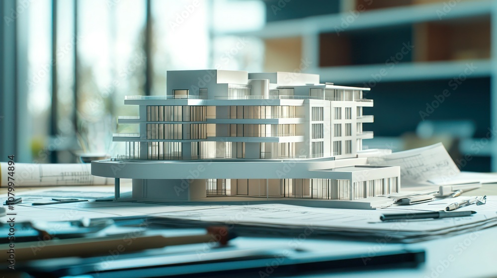 Poster a scale model of a modern building on an architect's desk, surrounded by design tools and blueprints