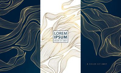 Vector set of leaf abstract pattern, floral line golden labels, posters, elegant luxury plant cards. Herbal illustrations, package