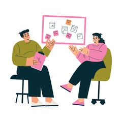 Productive Workflow with Man and Woman at Board Managing and Discuss Task Vector Illustration