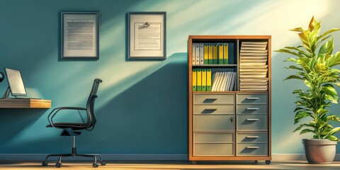 A stylish filing cabinet open to reveal organized files, set in a professional office environment
