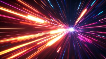 Naklejka premium Futuristic data flow with neon glowing rays in motion, creating an explosion effect against a dark background