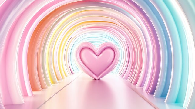 Monochrome horizontal background featuring heart-shaped tunnel with rainbow romantic patterns in soft pink pastel colors