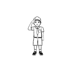 little boy wearing elementary school uniform poses respectfully black and white vector line art