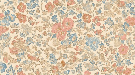 A floral pattern in muted tones of pink, blue, and cream, inspired by classic vintage wallpaper for a timeless feel. 