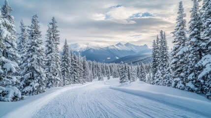 A snow-packed cross-country trail winding through dense pines, with a mountain range in view.