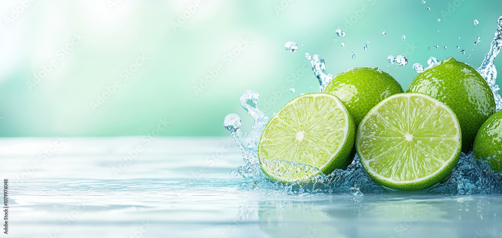 Aufkleber fresh limes sliced in half with water splashing around them, creating refreshing and vibrant scene. 