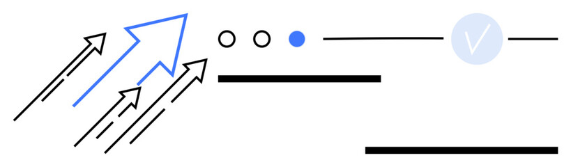 Arrows pointing upwards, dot elements, horizontal lines, and a checkmark. Ideal for growth, progress, focus, achievement strategy development and goals. Line metaphor