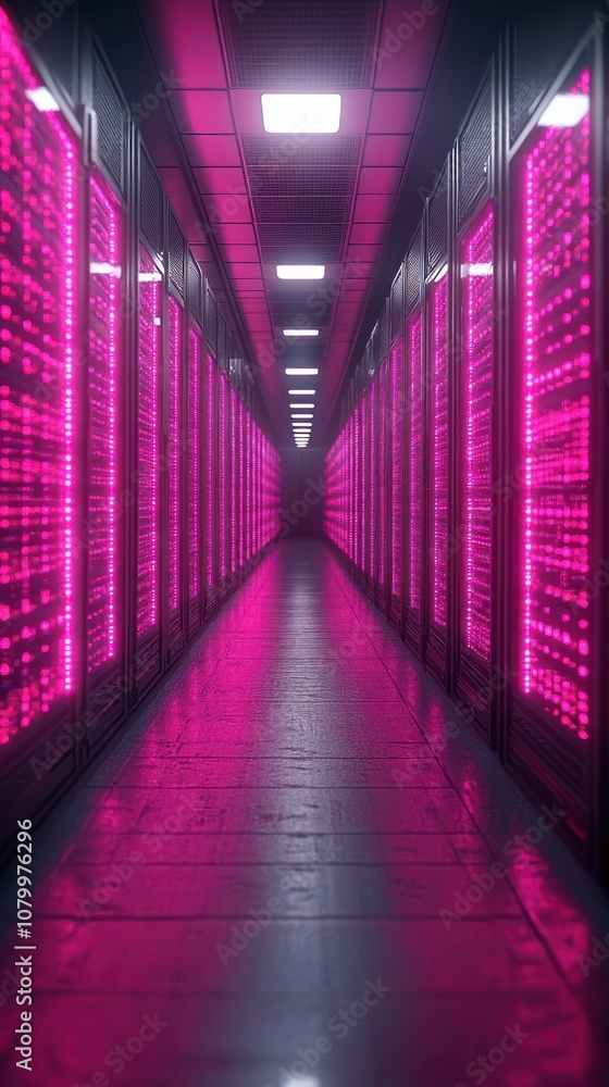 Poster a corridor of servers illuminated by pink lights in a data center.