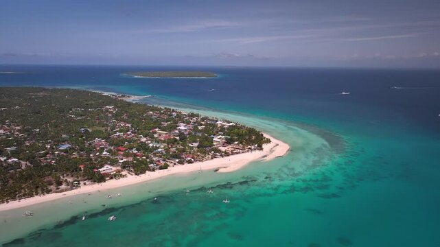 Panorama Of Coastal Town With Wooden Boats In Bantayan Island, Visayan Sea, Philippines. Aerial Drone Shot