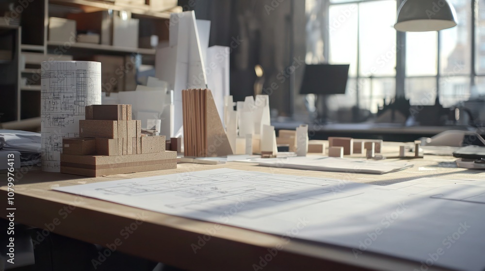 Poster a workspace filled with blueprints and design materials, showcasing the creative process