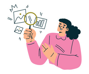 Productive Workflow with Woman Hold Magnifier Managing Task Vector Illustration