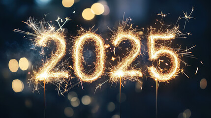 A photograph depicting the text "2025" written with sparklers, set against a festive atmosphere with a bokeh background