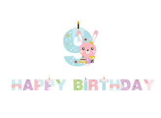 birthday candles, happy birthday, illustration with animals, gifts, cake