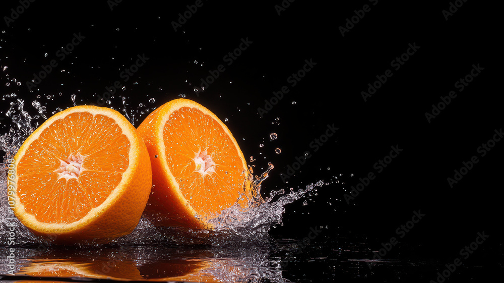 Poster freshly sliced oranges with water splashes create vibrant and refreshing scene. bright orange color 