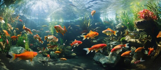 Naklejka premium A school of goldfish swimming in a clear pond with sunlight shining through the water.