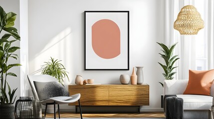 A framed blank A4 poster hanging on a stylish living room wall, with plants and minimalistic decor around, for versatile artwork display