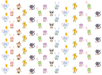 happy birthday children's card with cute characters, wrapping paper texture
