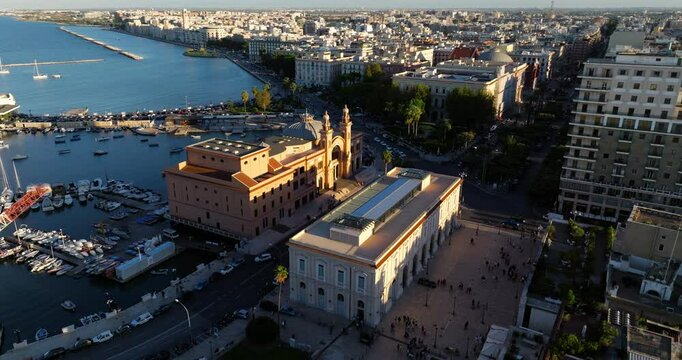 Imposing Architecture Of Teatro Margherita In The City Of Bari During Sunset In Apulia, Italy. Aerial Shot