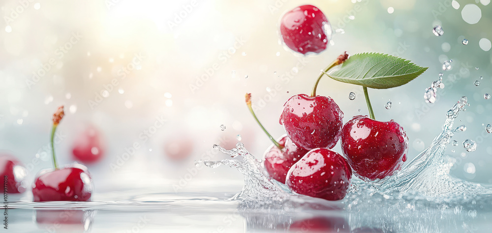 Aufkleber juicy cherries splashing into clear water create refreshing scene filled with vibrant colors and dyn