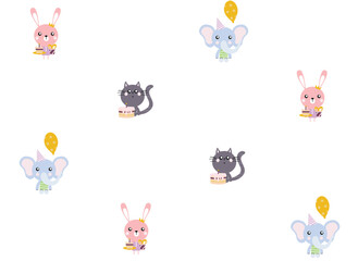 happy birthday children's card with cute characters, wrapping paper texture
