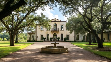 Obraz premium A grand, historic manor with a long driveway lined with oak trees, a fountain in front, and large windows with elegant detailing