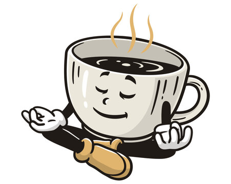 recommend clip art: meditating Coffee Cup Cartoon Mascot Illustration Character Vector Retro Vintage Clip-art Hand-drawn Logo Design