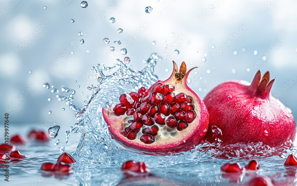 Aufkleber fresh pomegranate halves with seeds splashing into clear water, creating vibrant and dynamic scene. 