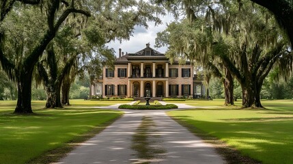 A grand, historic manor with a long driveway lined with oak trees, a fountain in front, and large windows with elegant detailing