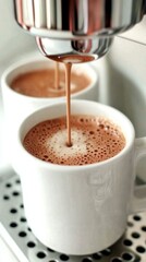 Espresso being poured from an espresso machine into a white cup. Close up details of fresh coffee, espresso. espresso machine.