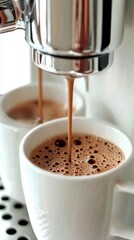 Espresso being poured from an espresso machine into a white cup. Close up details of fresh coffee, espresso. espresso machine.