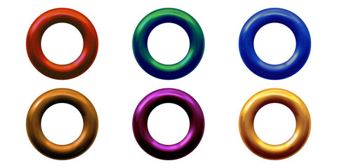 A set of multicolored metal or plastic rings or rivets for curtains, clothing, paper, stickers or tags. 3d vector