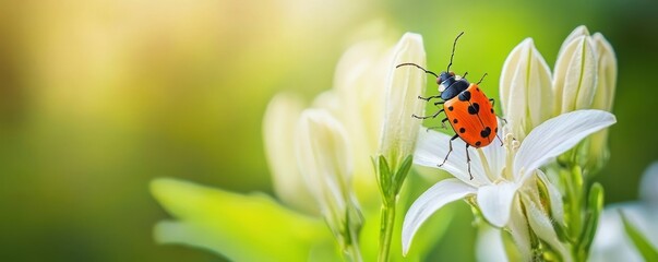 Obraz premium A vibrant orange and black beetle perched on white flowers in a natural setting.