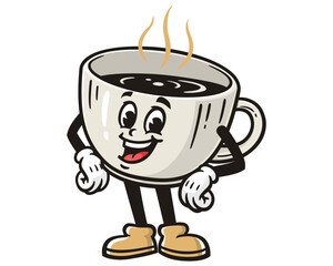 Laughing Coffee Cup Cartoon Mascot Illustration Character Vector Retro Vintage Clip-art Hand-drawn Logo Design